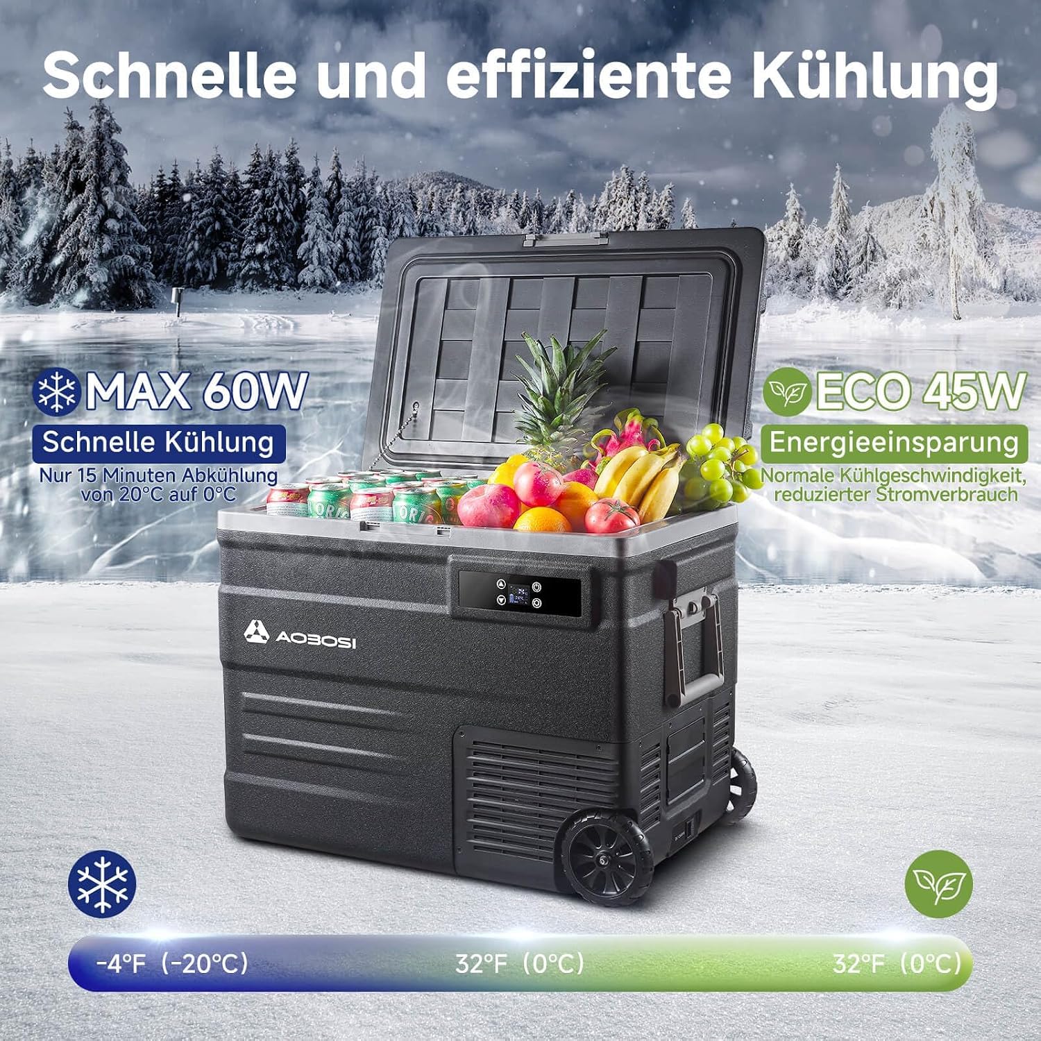 Detalle de AAOBOSI 74L Kompressor-Kühlbox mit APP und LED – bis -20 °C bis 20 °C, 12/24V und 100–240V