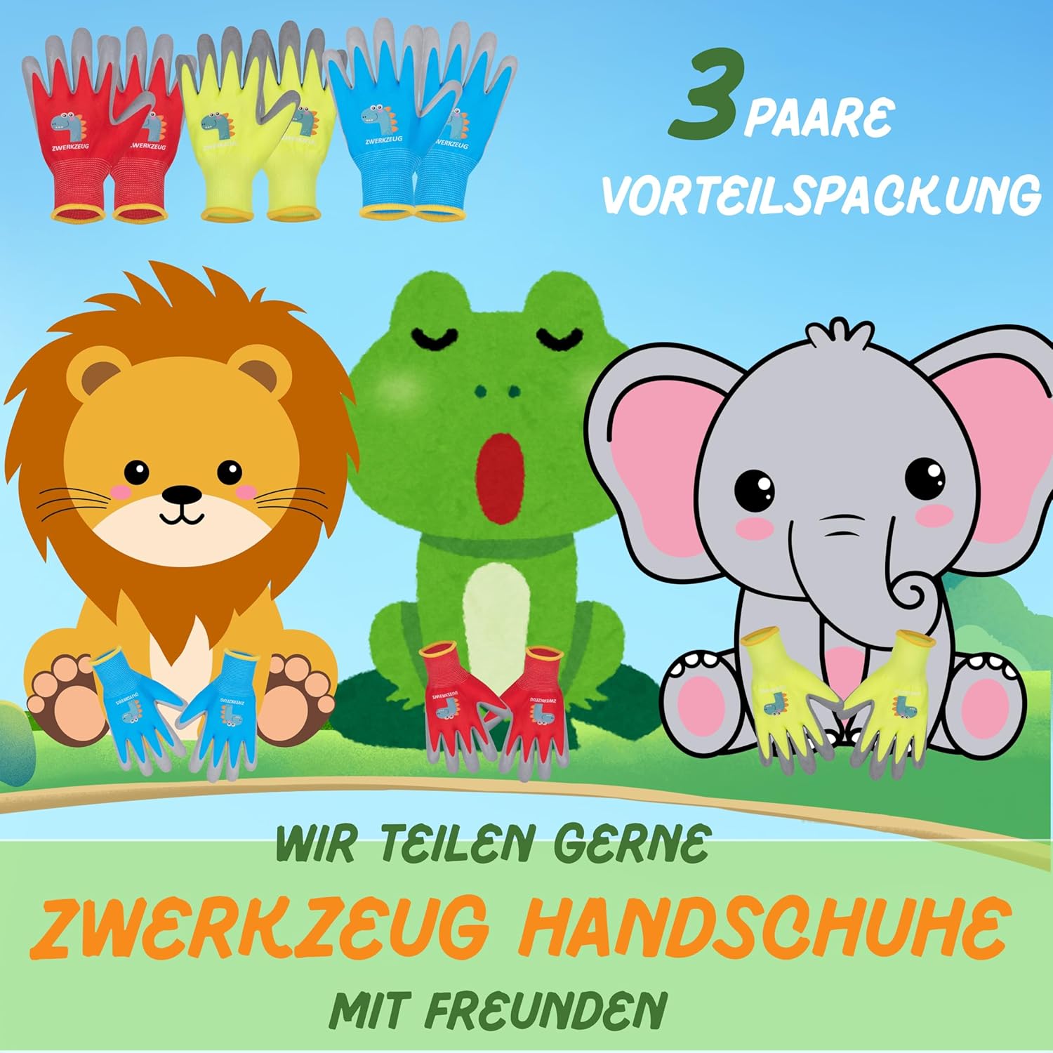 Thumbnail 2 de ZWERKZEUG Kinder Arbeitshandschuhe – 3 Paar (Naturlatex-Beschichtung, dehnbares Gewebe), mehrfarbig mit Dinos