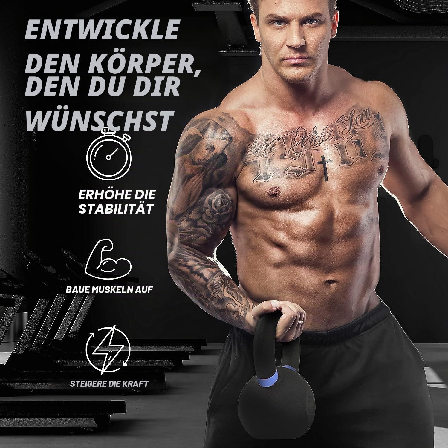 Detalle de Yes4All Kettlebell aus Gusseisen, 4–32 kg, pulverbeschichtet – farbcodeierte Ringe