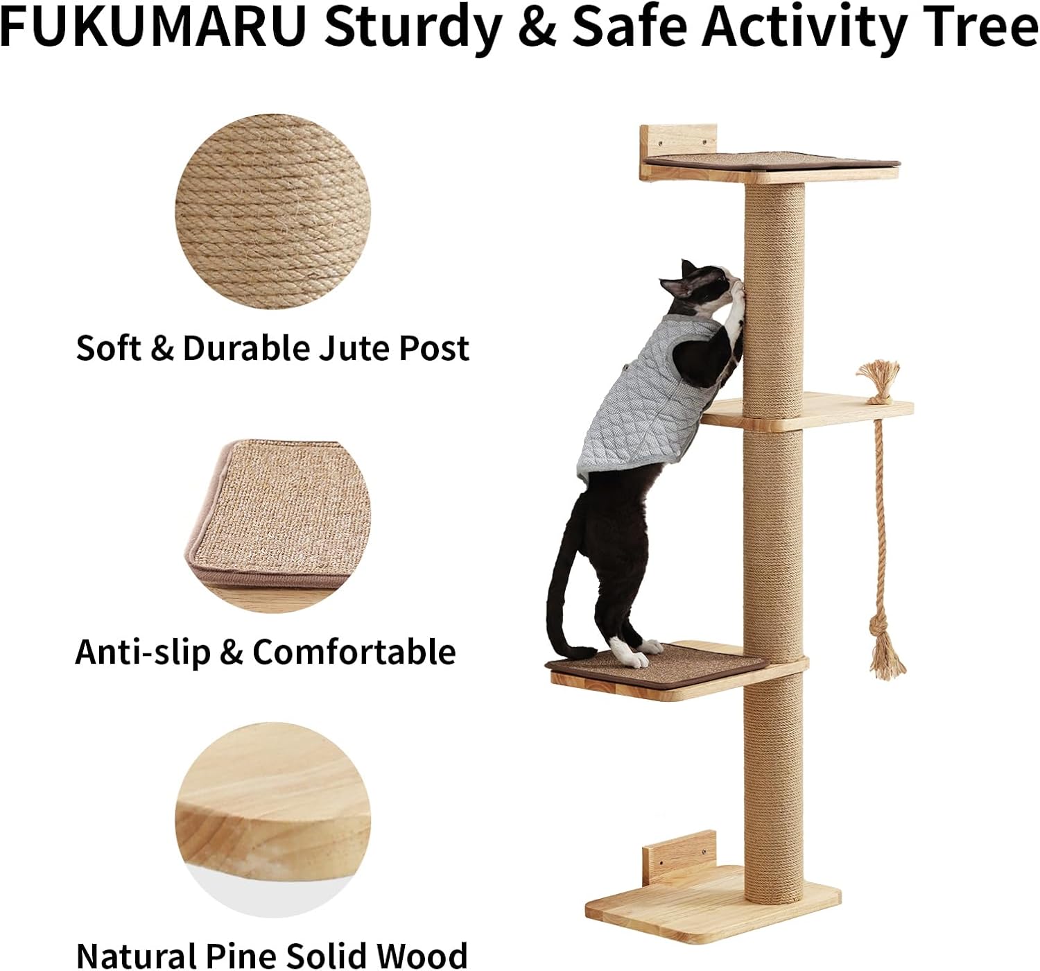 Detalle de FUKUMARU Kratzbaum für Katzen, Wandmontage – 127,7 cm, inkl. Katzenbett, Kratzpfosten und Jutematte aus massivem Gummibaumholz