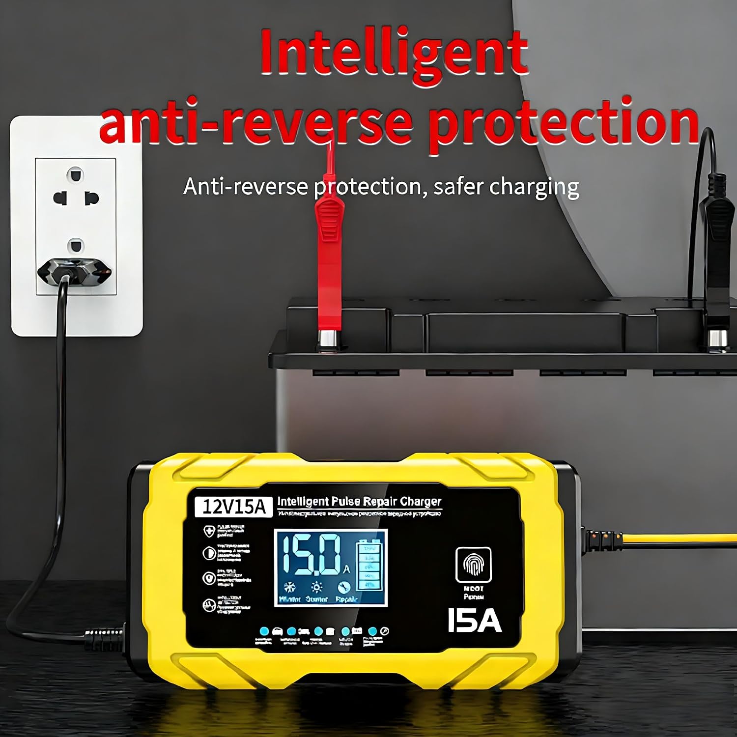 Detalle de AILRINNI 15A Chargeur de Batterie Voiture – 12V 15A, Intelligent et Automatique