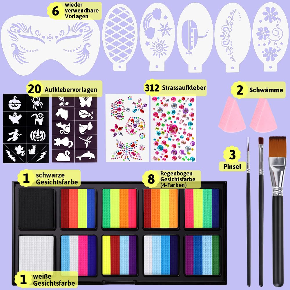 Detalle 2 de Janolia Gesichtsfarbe Kinderschminke Set – UV-Theaterfarben, Split Cake, 8 Rainbow-Farben + Extras