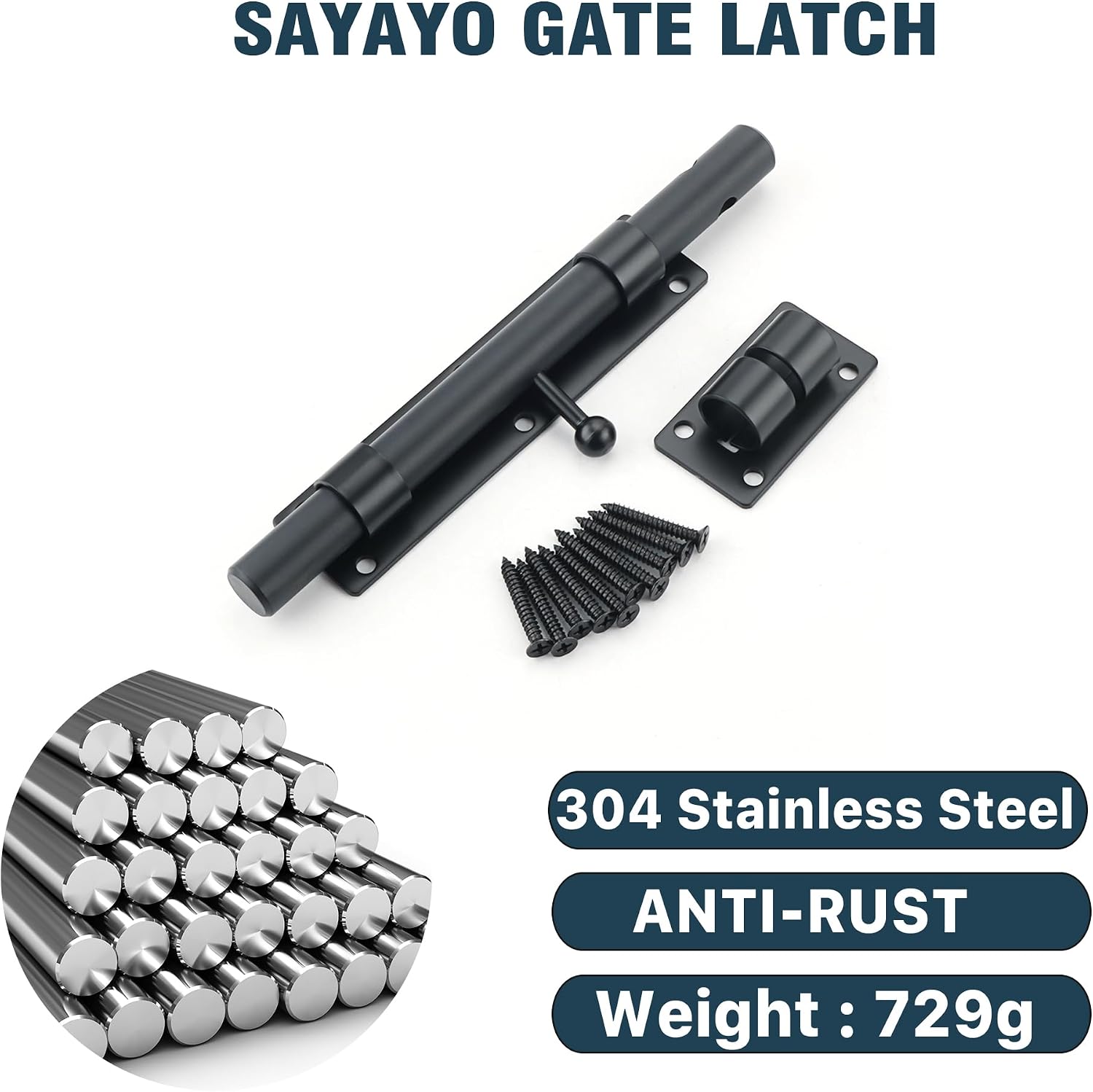 Detalle 2 de Sayayo Heavy Duty Slide Gate Latch Bolt Safety Door Lock EMS9200-B (230mm Length, 19mm Dia Bar) in SUS304 Matte Black