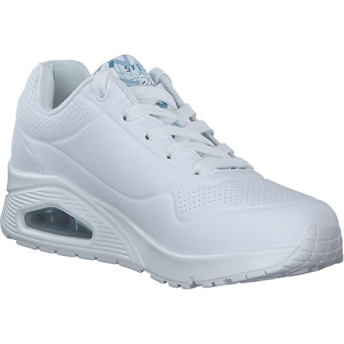 Detalle de Skechers Damen UNO Spread the Love Trainer – Weiß Duraleather mit blauem Herzprint, Größe 38 EU
