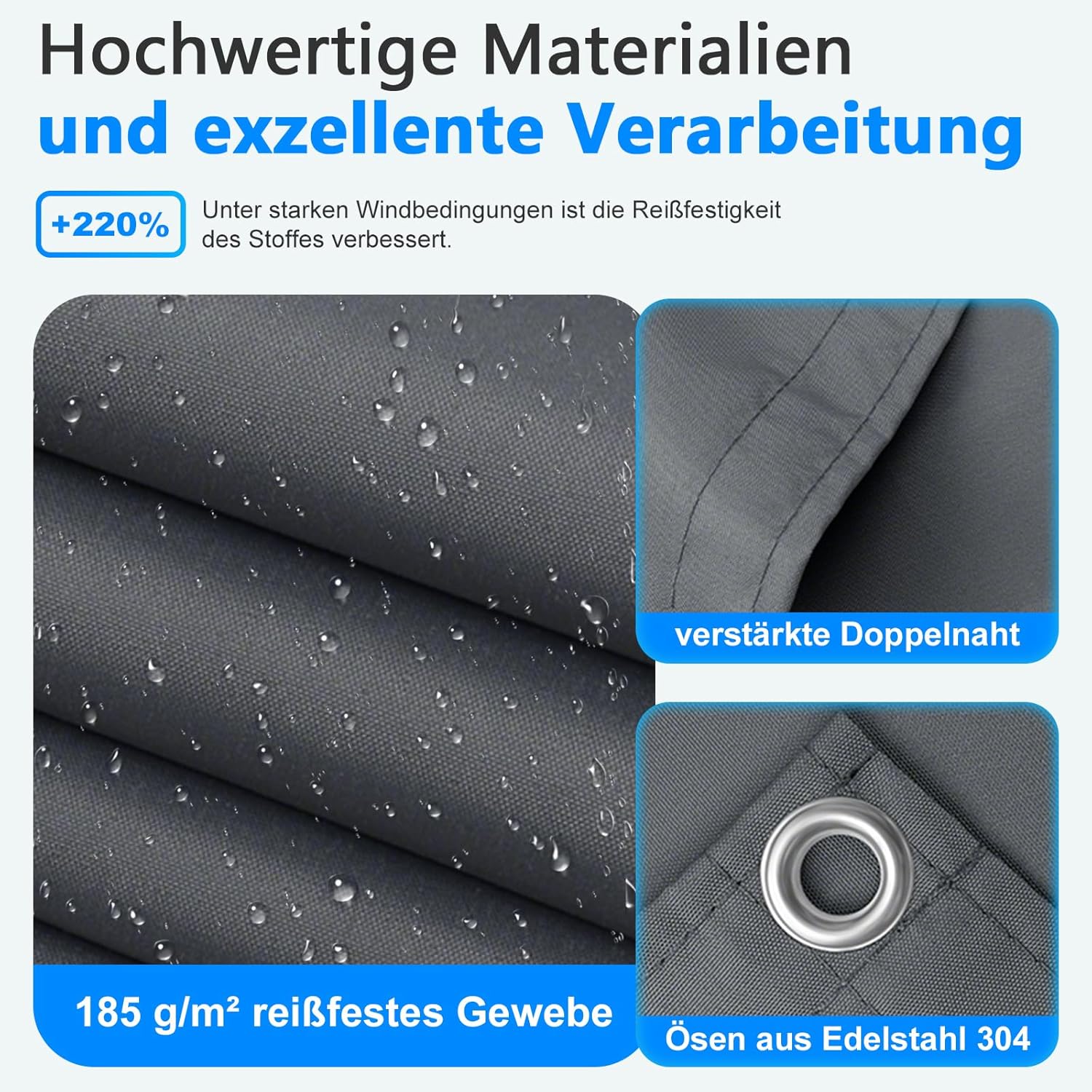 Thumbnail 4 de Sonnensegel wasserdicht rechteckig 1,5 x 2 m (Hellgrau) mit Ösen, 95% UV-Schutz