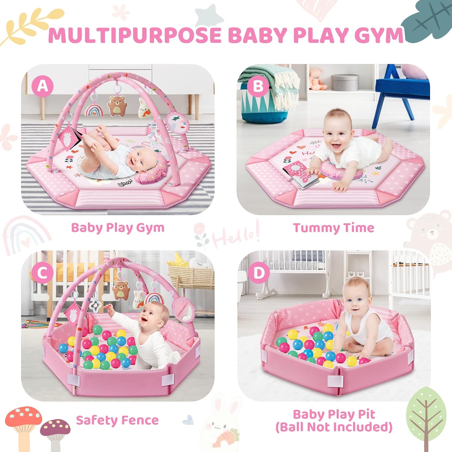Thumbnail 2 de Baby Gym Play Mat: 8-in-1 Tummy Time Mat & Ball Pit in Pink