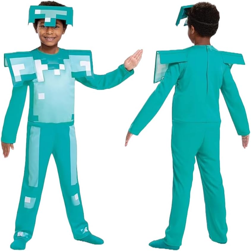 Detalle de Minecraft officieel kinderkostuum met halfmasker en afneembare schouderbeschermers