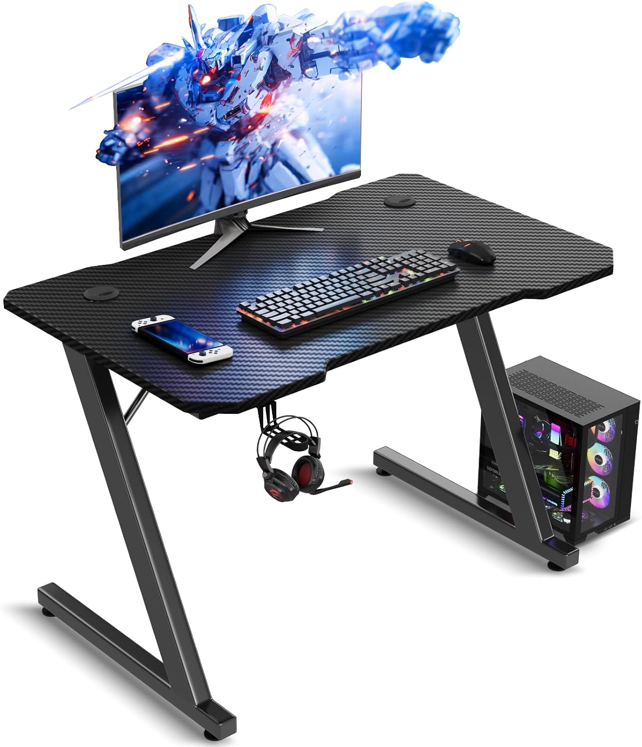 Detalle de TRIUMPHKEY scrivania gaming 80×52 cm in fibra di carbonio, gambe a Z e supporto cuffie