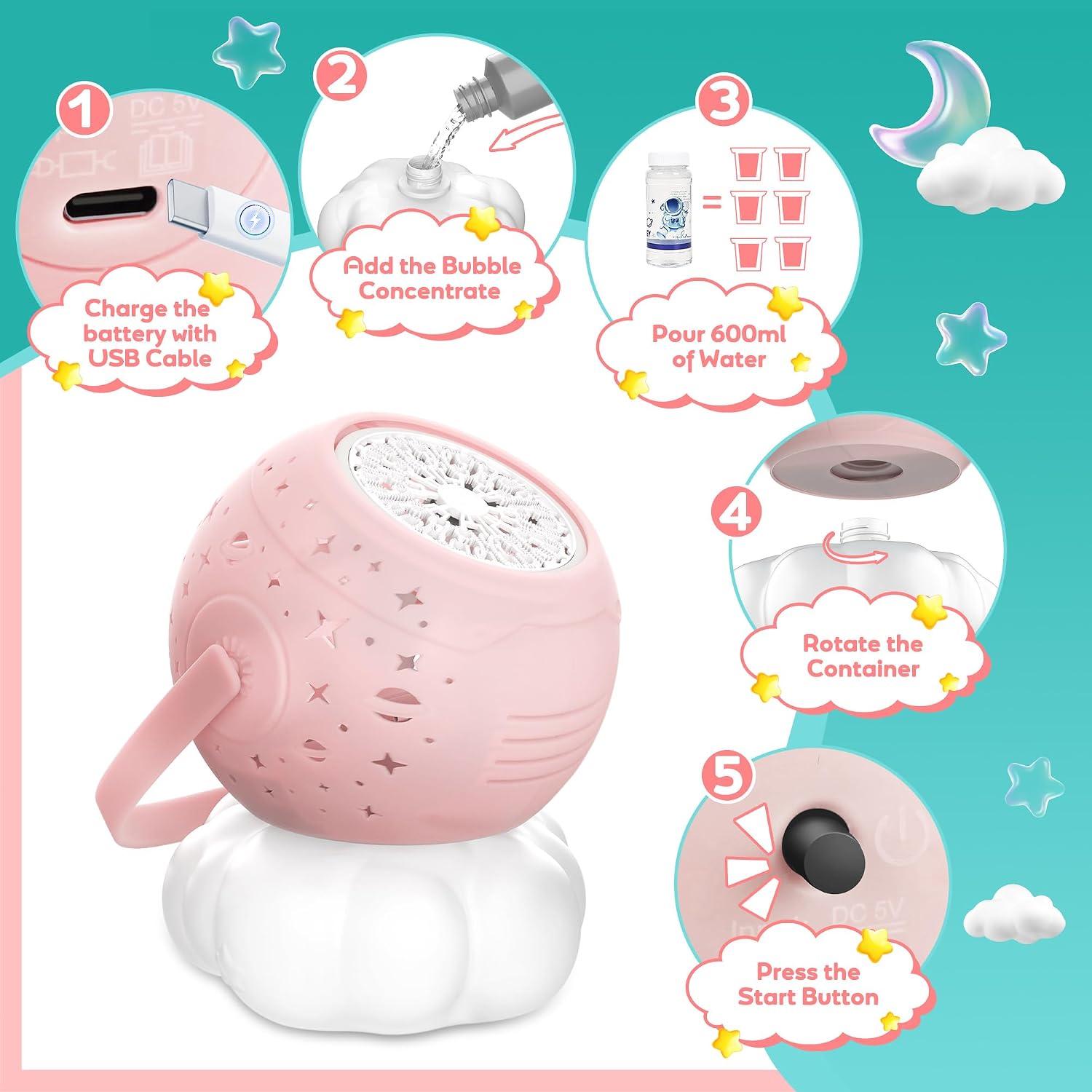 Detalle de cossy Bubble Machine Rechargeable (Pink) – portable bubble blower for kids with warm star lights