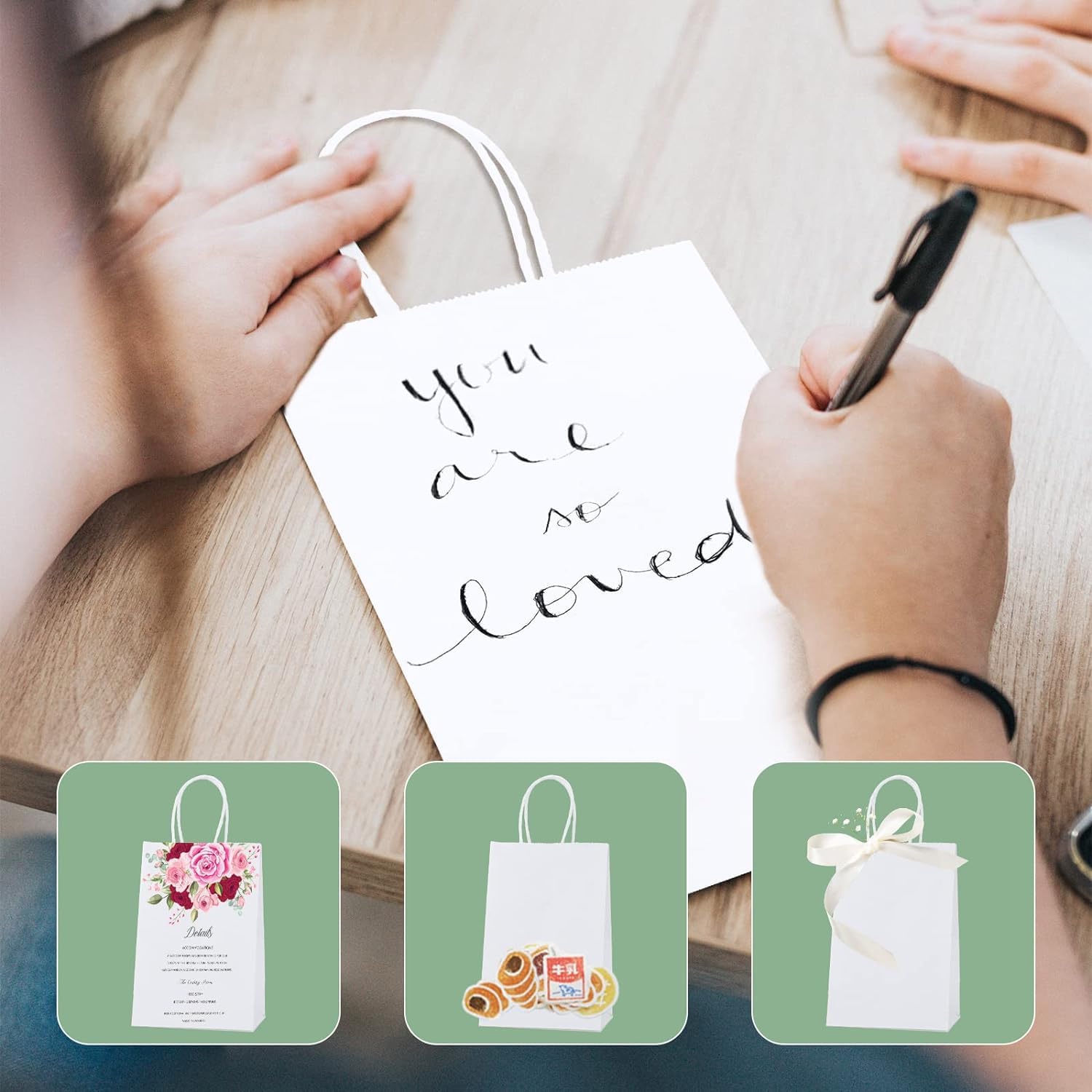 Detalle de Switory 50 Papiertüten mit Henkel (13,3 x 9,5 x 20,3 cm) aus Kraftpapier – weiße Candy- und Geschenkbeutel