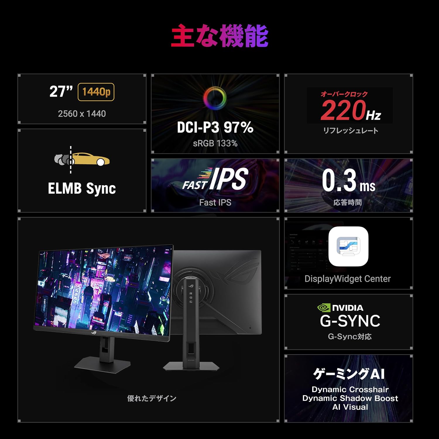 Detalle 2 de ASUS ROG Strix XG27ACSR 27型ゲーミングモニター QHD・220Hz OC・Fast IPS