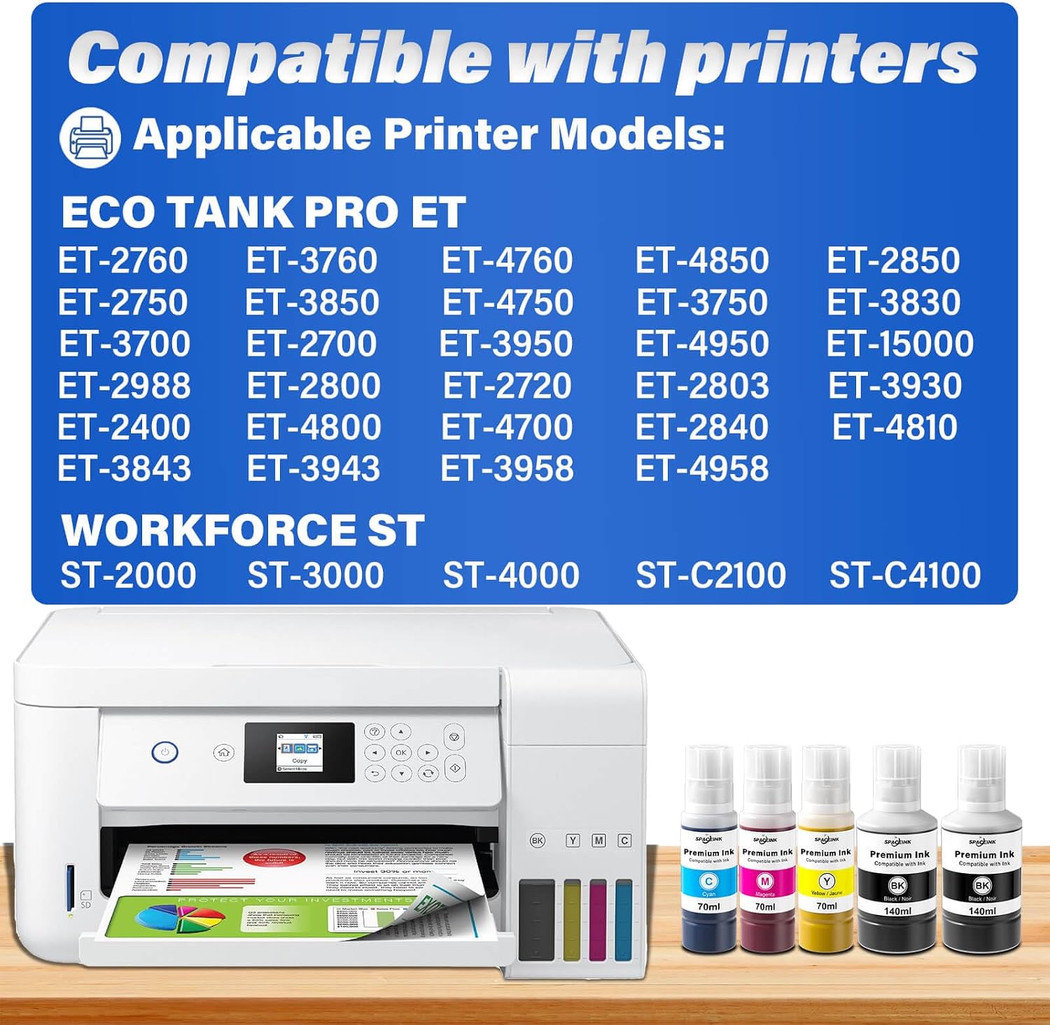 Detalle de Spaceink T502 T522 Compatible Ink Refill Bottles, Black, Cyan, Magenta & Yellow