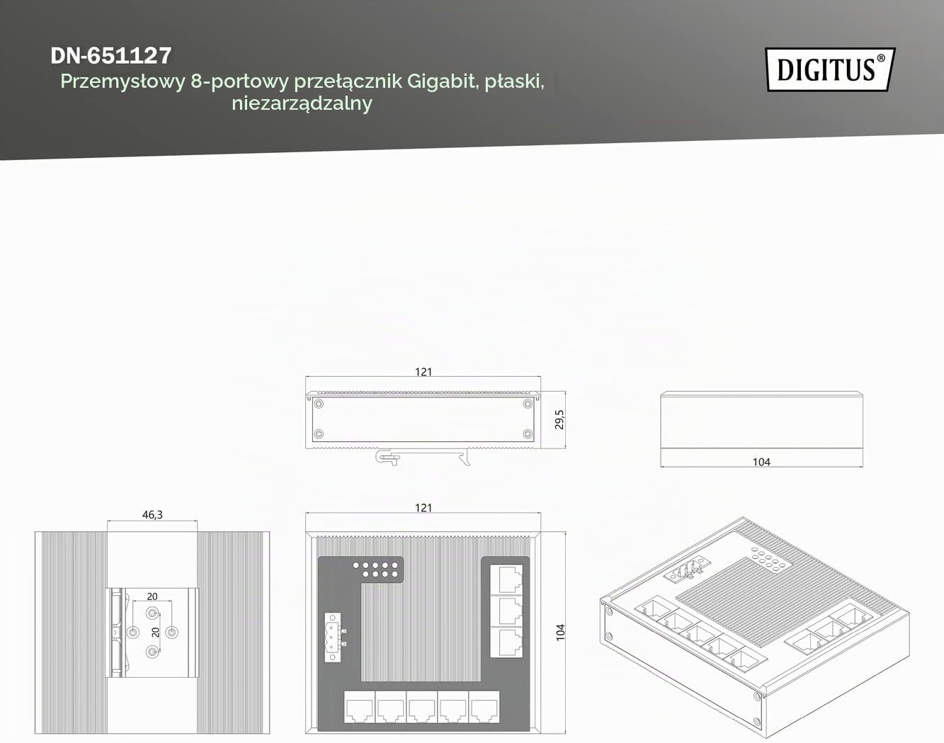Thumbnail 6 de DIGITUS płaski przełącznik sieciowy, 8-portowy Gigabit Ethernet, DIN, bez wentylatora