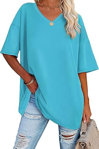 Detalle de Ebifin T-Shirt Oversize Femme à Col V Bleu Ciel – Taille XL