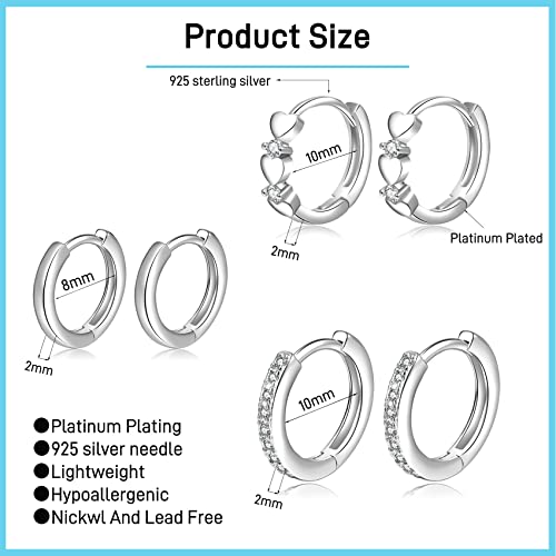 Detalle 2 de PABBEU 3 Pairs Sterling Silver Hoop Earrings Hypoallergenic Huggie Sleeper Earrings