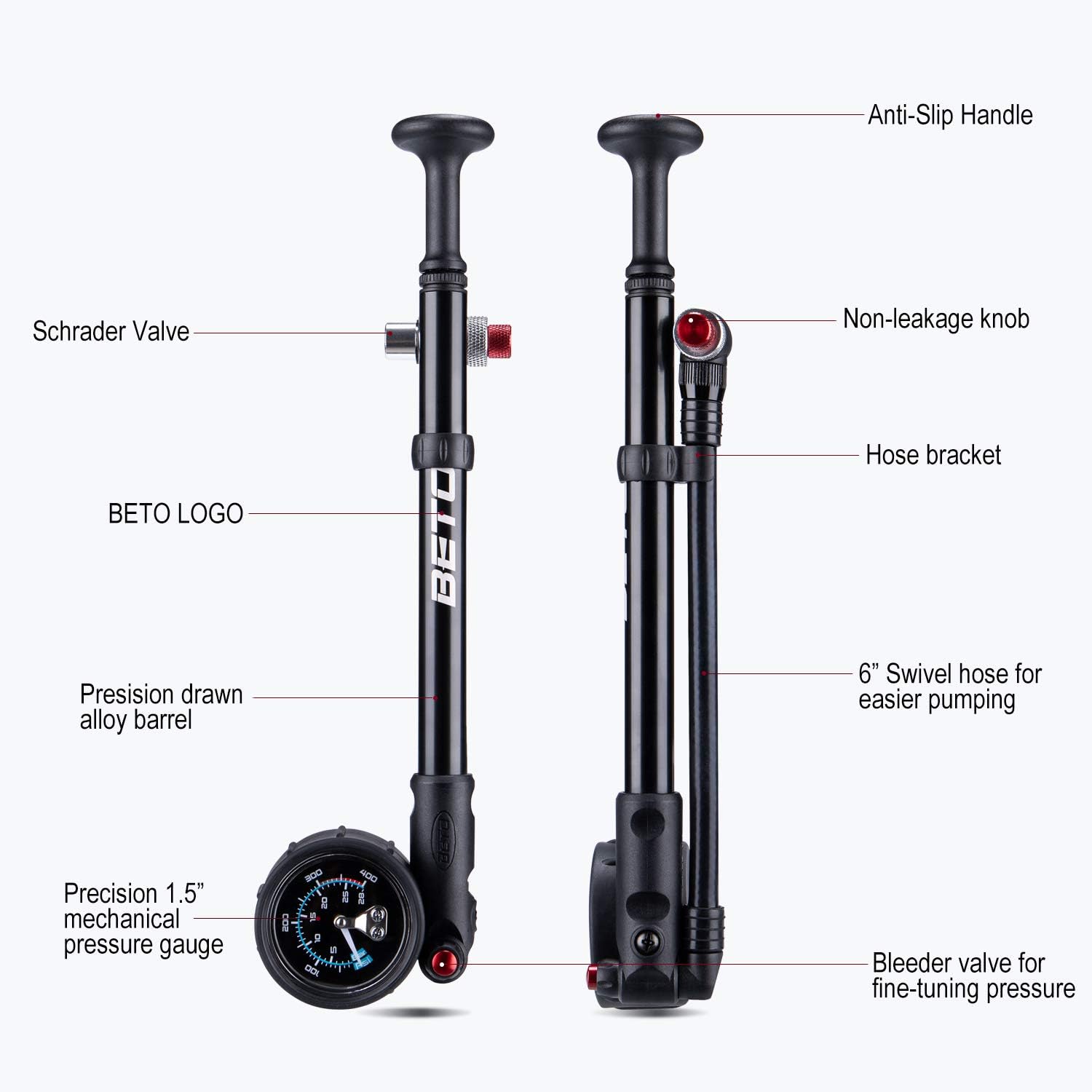 Detalle de Beto Pompe à chocs haute pression (jusqu’à 400 PSI) pour fourche et suspension arrière avec valve Schrader
