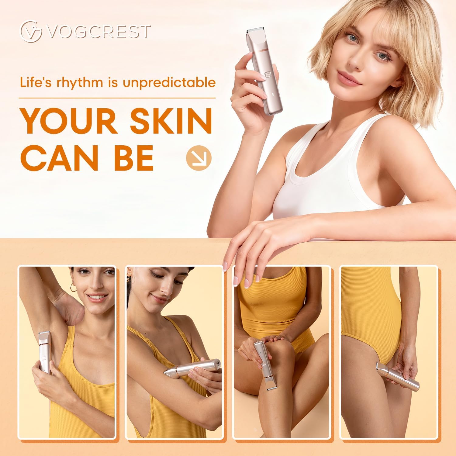 Detalle de VG VOGCREST Bikini Trimmer für Frauen (2-in-1) – schmerzloses Trimmen & Rasieren, IPX7, Champagner Gold