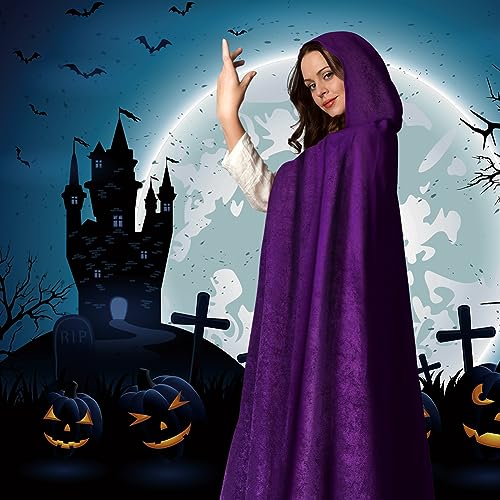 Thumbnail 4 de AOOWU Mantello con cappuccio viola in velluto, 150 cm per Halloween e Carnevale