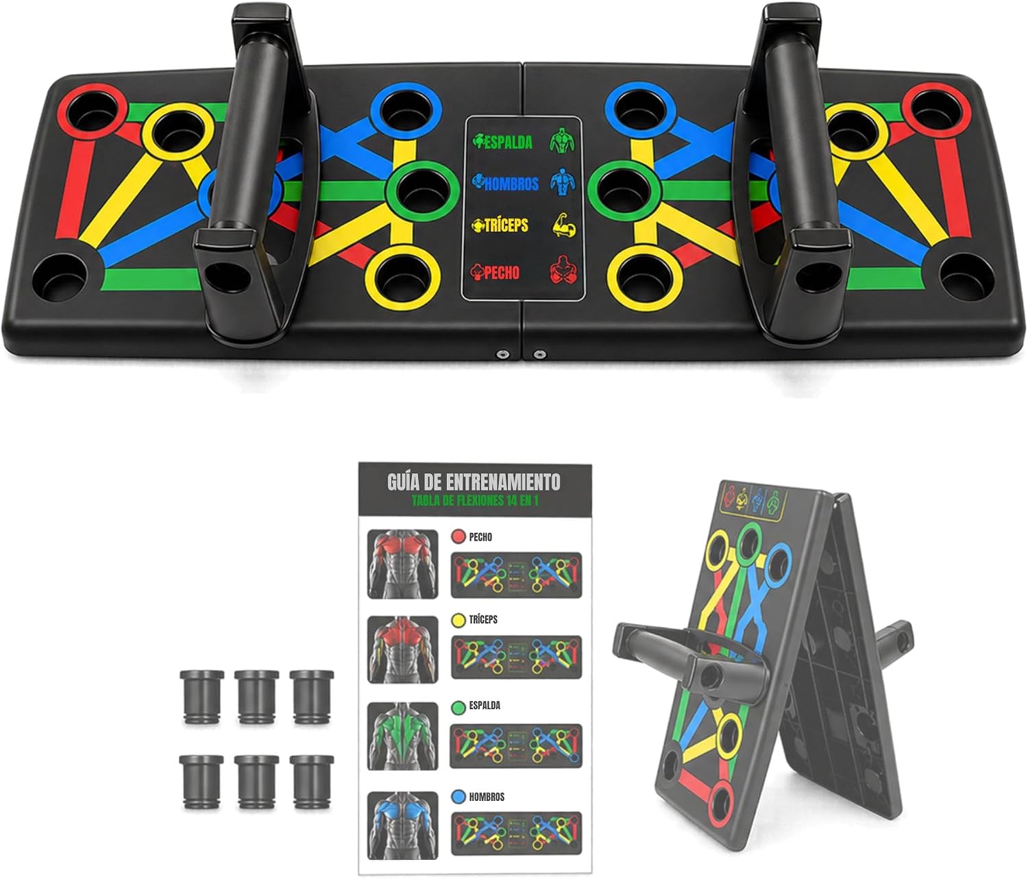 Detalle de MAGIC SELECT 14-in-1 push-up-board met kleurcodes en antislip handgrepen