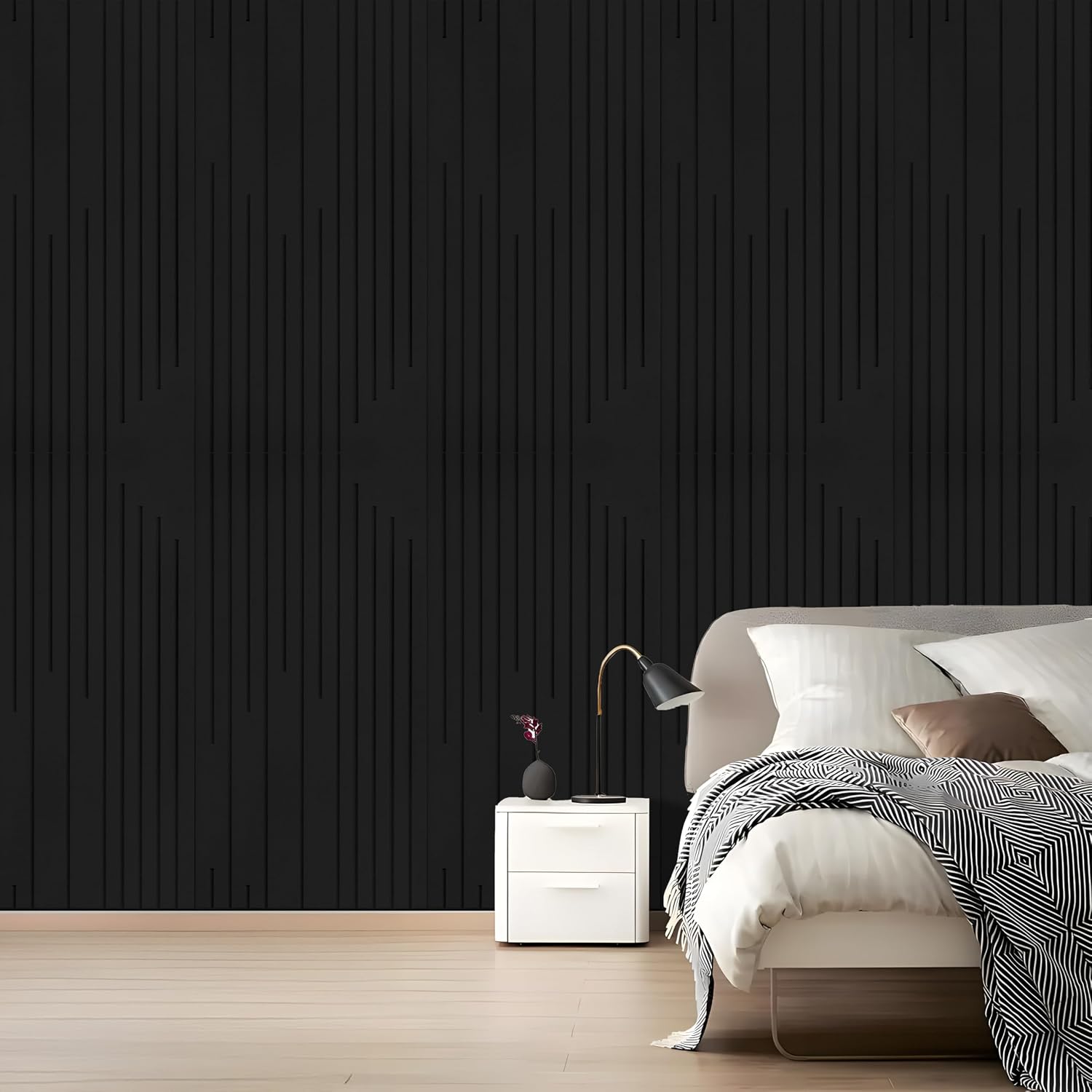 Detalle de KERRAM Acoustic Wall Panels, 4-Pack 47 x 24-Inch Black Grooved Panels