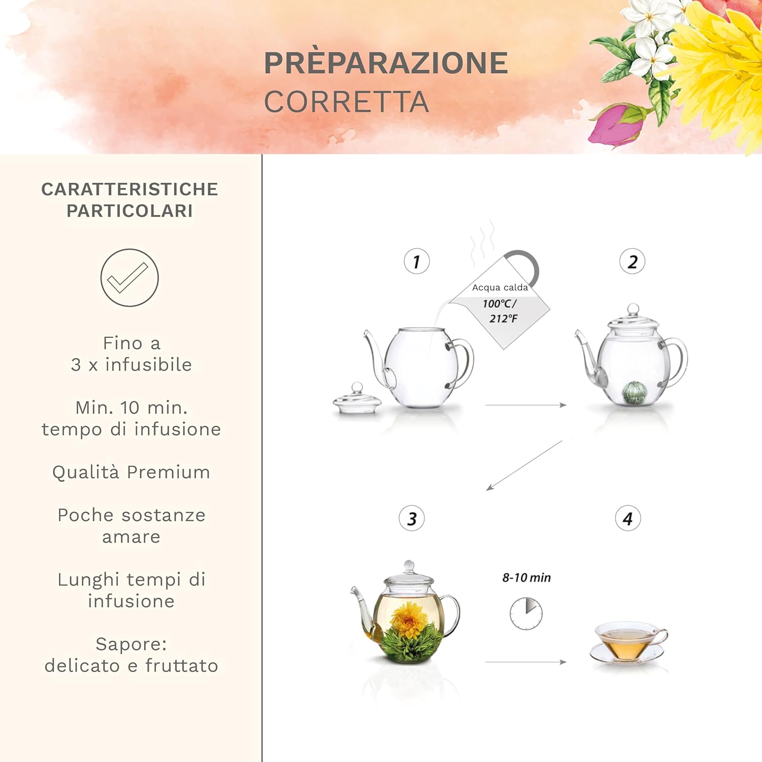Thumbnail 4 de Creano Set Regalo Fiori di Tè “Flower Design” con teiera in vetro da 500 ml e 6 tè bianco