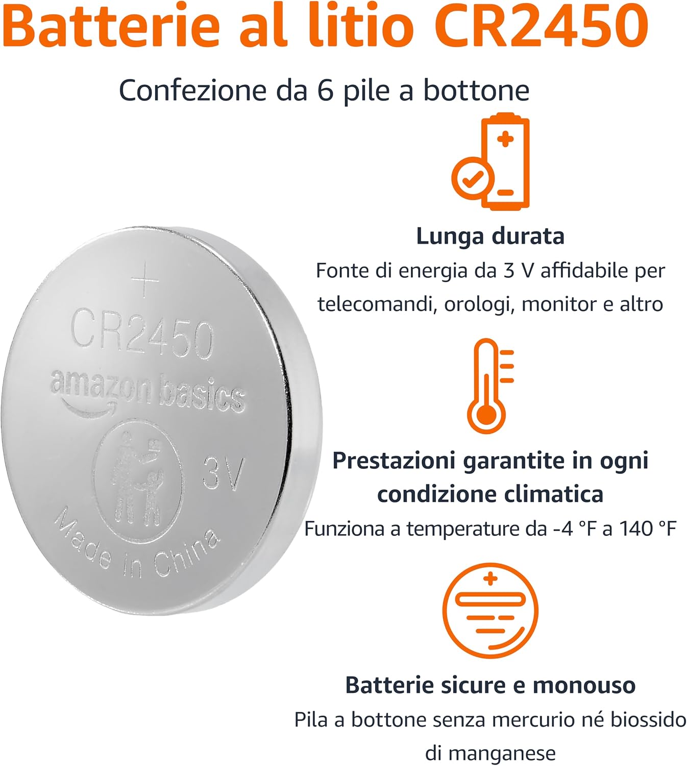 Detalle de Amazon Basics Batterie a bottone CR2450 3V, confezione da 6 – affidabili e sicure per orologi e telecomandi