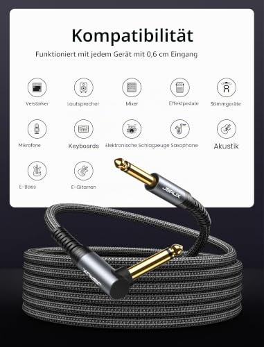 Thumbnail 3 de JSAUX Gitarrenkabel 3 m – Rechtwinkliges 6,35 mm TS Instrumentenkabel mit Nylonbeschichtung