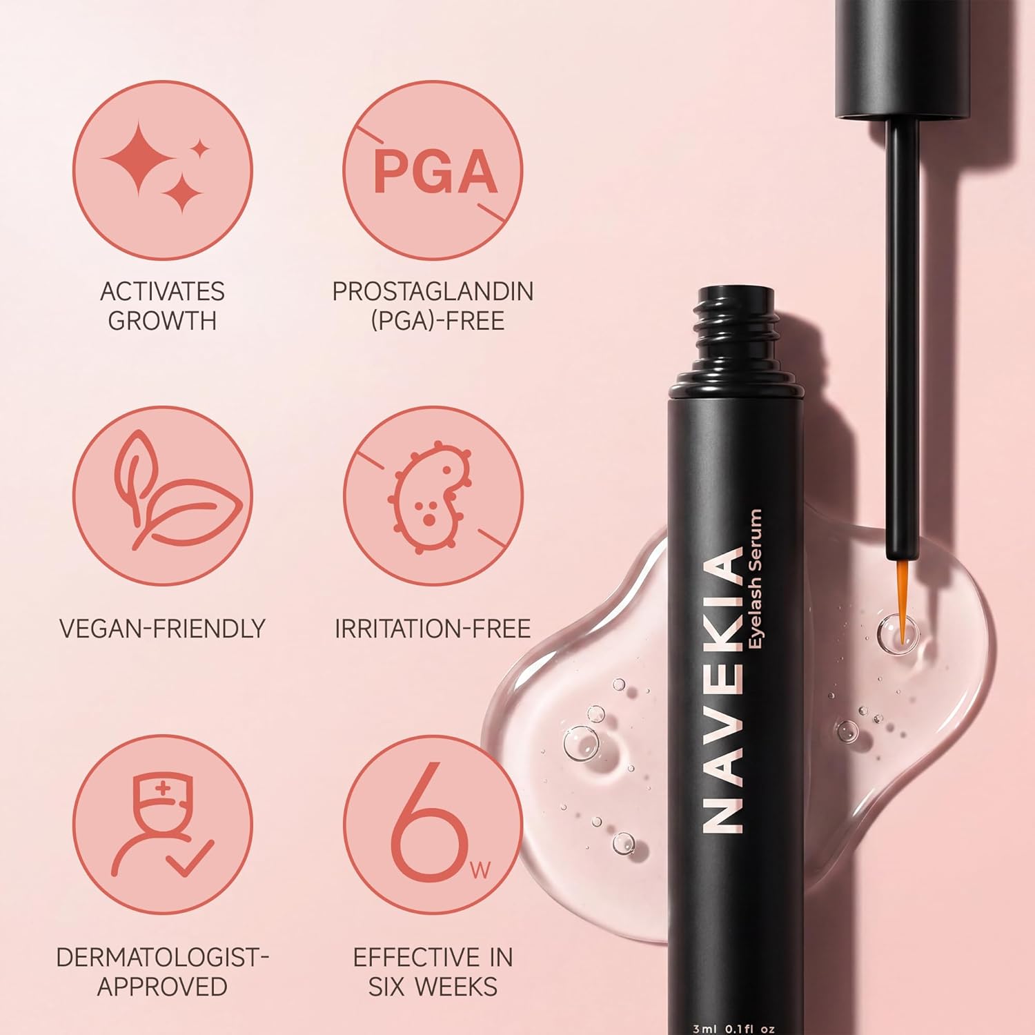 Detalle 2 de Navekia Premium Wimpernserum 2026 – 3 ml, 2 Schlüsselpeptide + Bioenzym, vegan & tierversuchsfrei