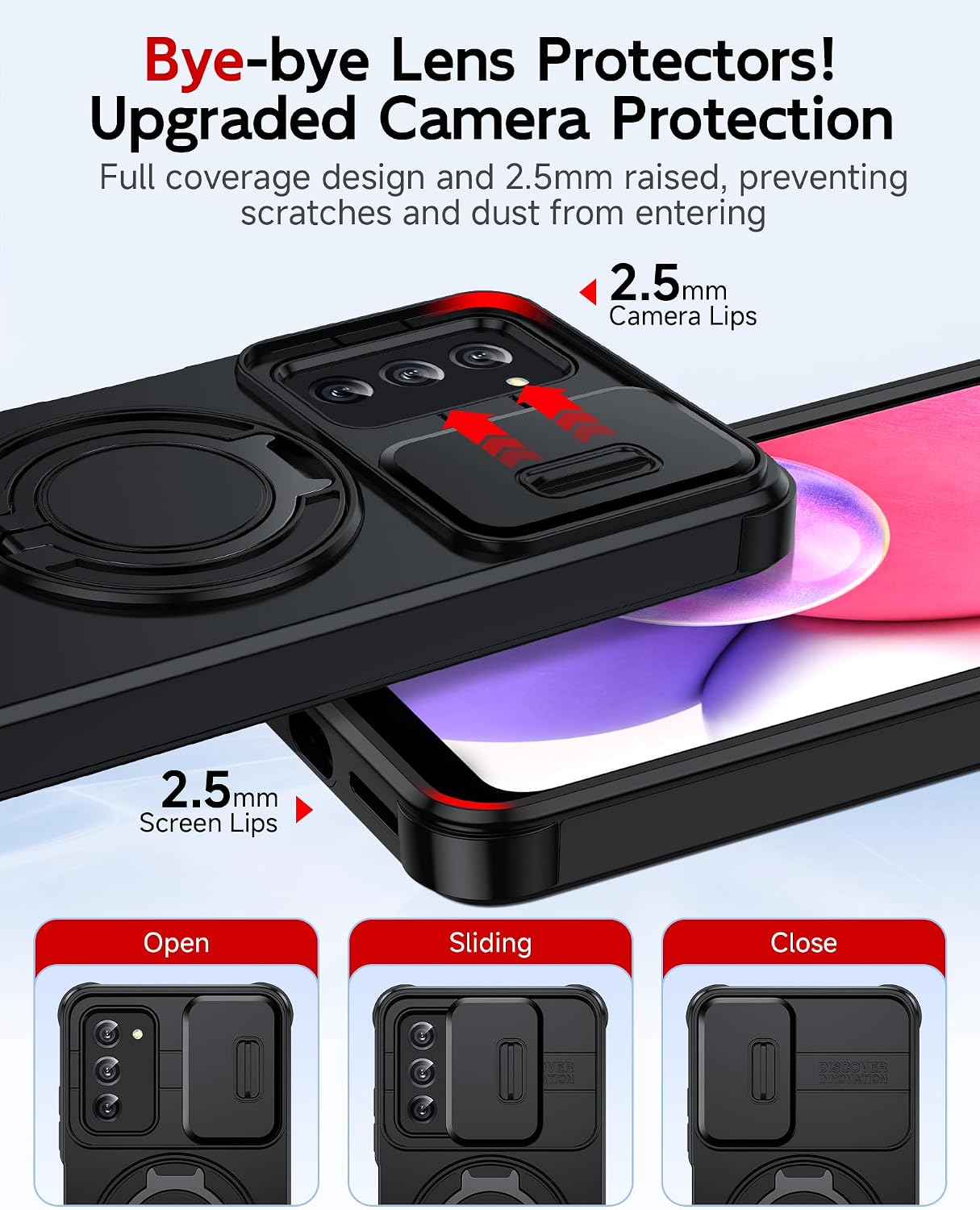 Detalle 2 de LeYi Galaxy A03s Phone Case with Slide Camera Cover, 360° Ring Stand and Glass Protectors