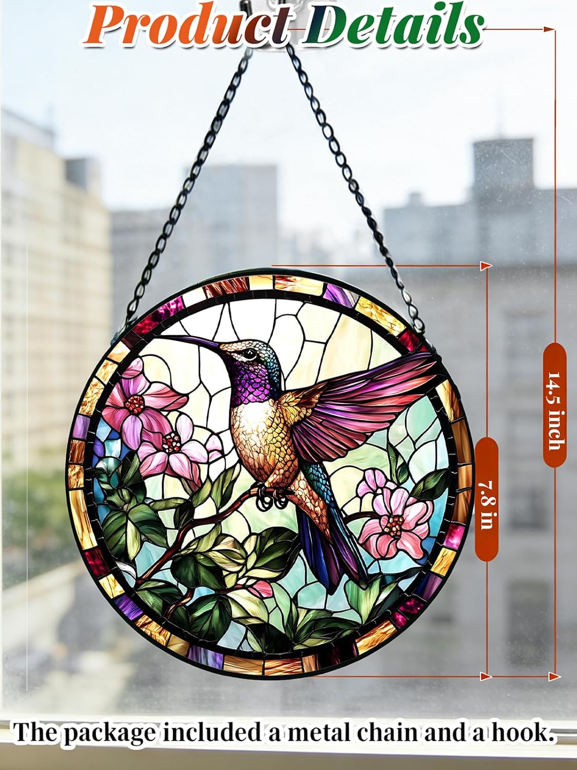 Thumbnail 6 de Hummingbird 7.8-Inch Stained Glass Suncatcher with Pink Flowers