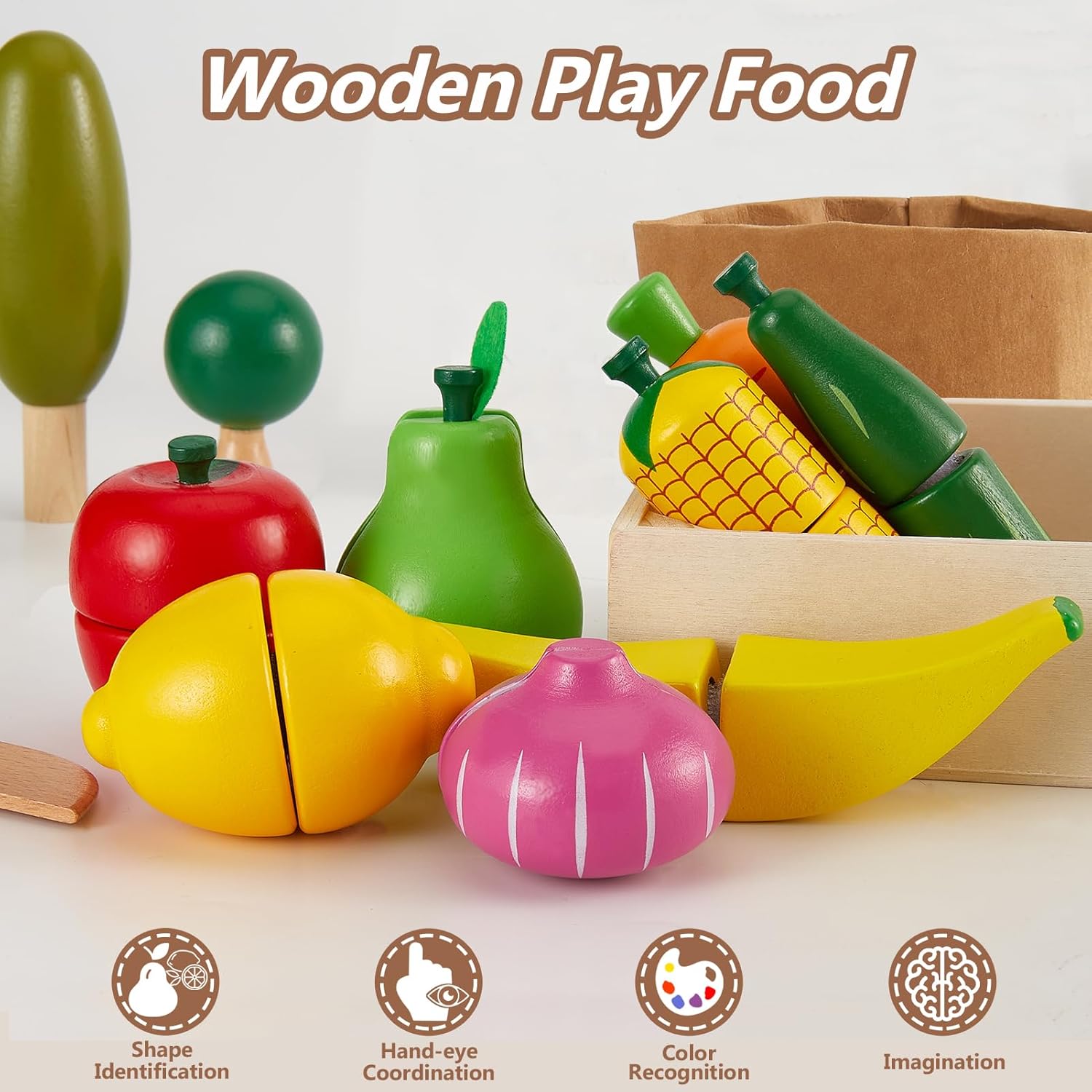 Detalle de HERSITY Holzspielzeug Obst & Gemüse zum Schneiden mit Aufbewahrungskoffer – Lern- und Rollenspielküche für Kinder ab 3