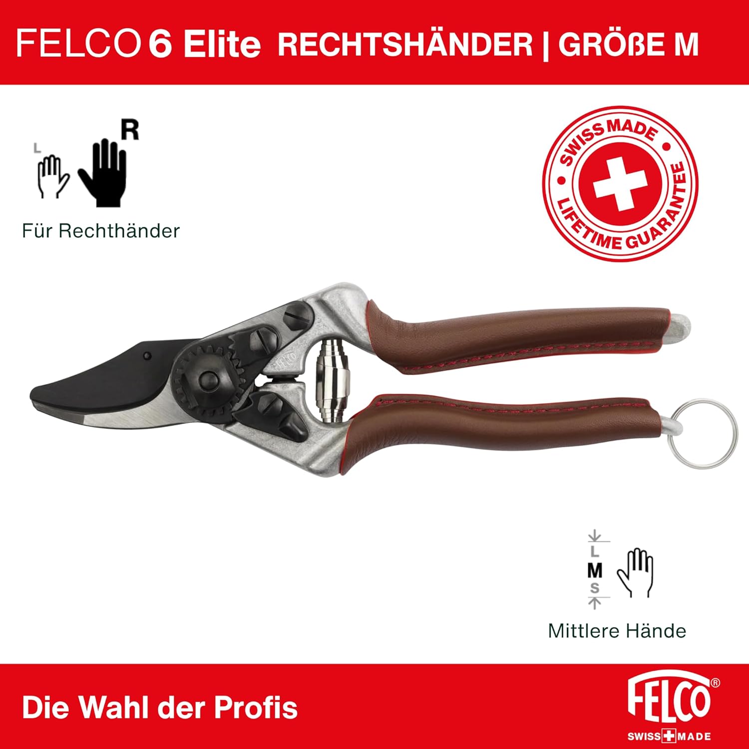 Detalle 2 de FELCO 6 ELITE Gartenschere – ergonomisch, Ledergriffe, 20 mm Schnitt, Swiss Made