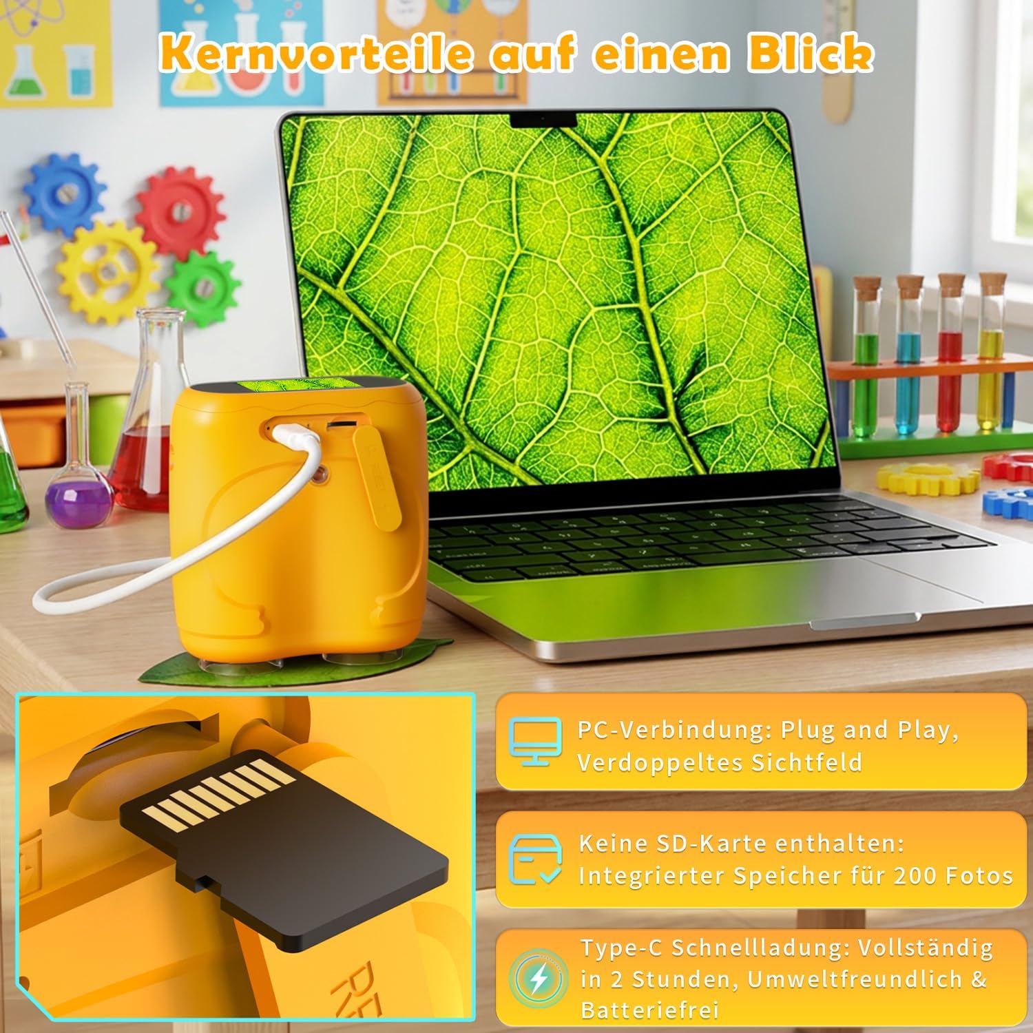 Thumbnail 6 de OAEBLLE 2 in 1 Mikroskop für Kinder und Fernglas – 2 Zoll HD Bildschirm, 1000× Vergrößerung, 8 LEDs, 1080p