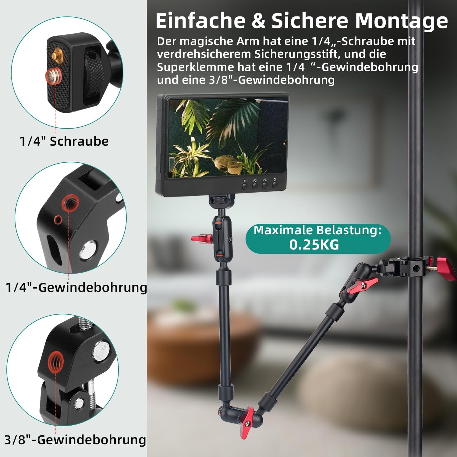 Thumbnail 2 de JEBUTU 56 cm Magic Arm mit Super Clamp, 360° flexibler Tischhalter mit 1/4"-Gewinde – schwarz/rot