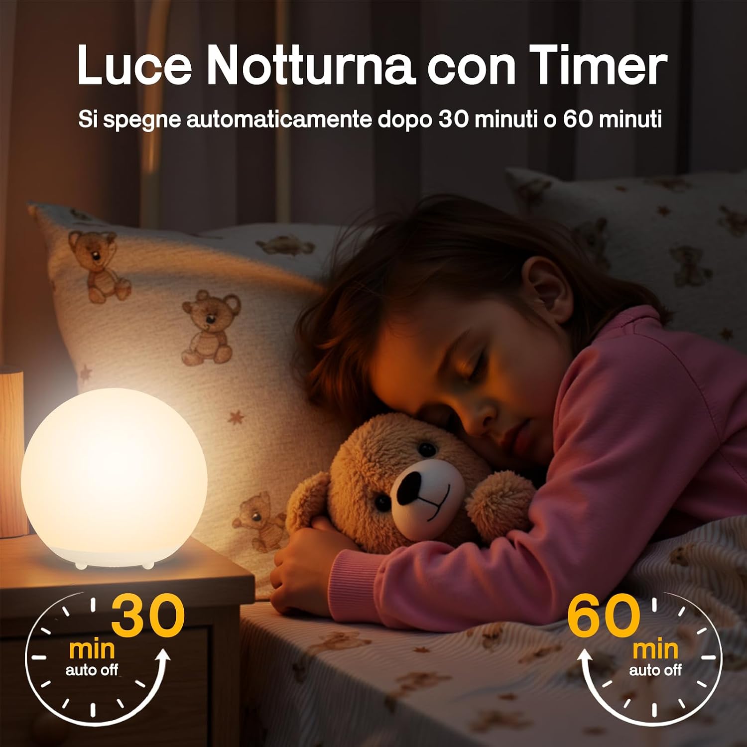 Detalle de Luce notturna in silicone con 7 colori RGB, touch e timer – compagna delicata per la cameretta