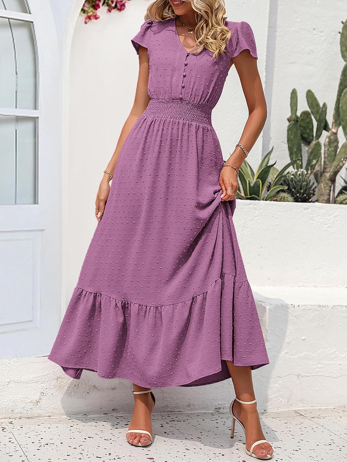 Detalle de PRETTYGARDEN Boho Swiss Dot Maxi Dress for Women (V Neck, Ruffle Hem, Smocked Waist)