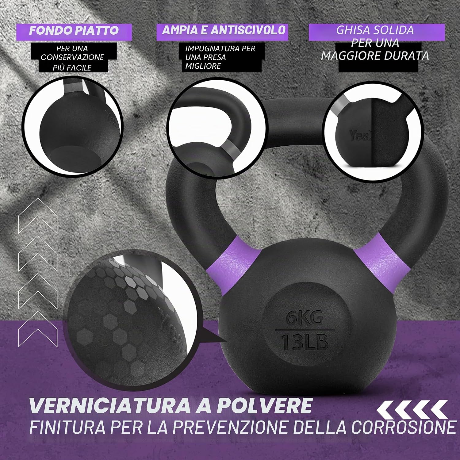 Detalle de Yes4All Kettlebell da 4–32 kg con rivestimento in polvere e impugnatura lunga – kettlebell da competizione