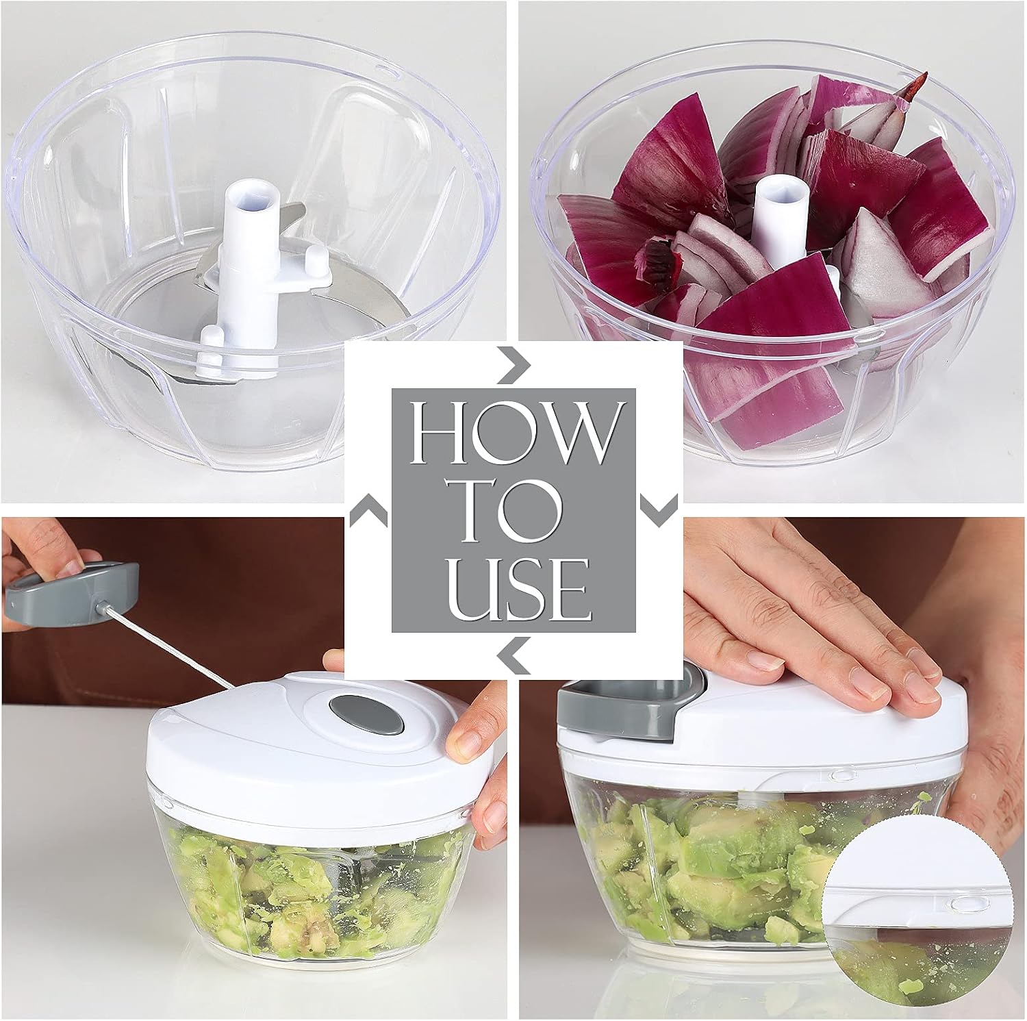 Detalle de Ourokhome A008 Manual Food Chopper, 500ml Pull-String, Stainless Steel Blades