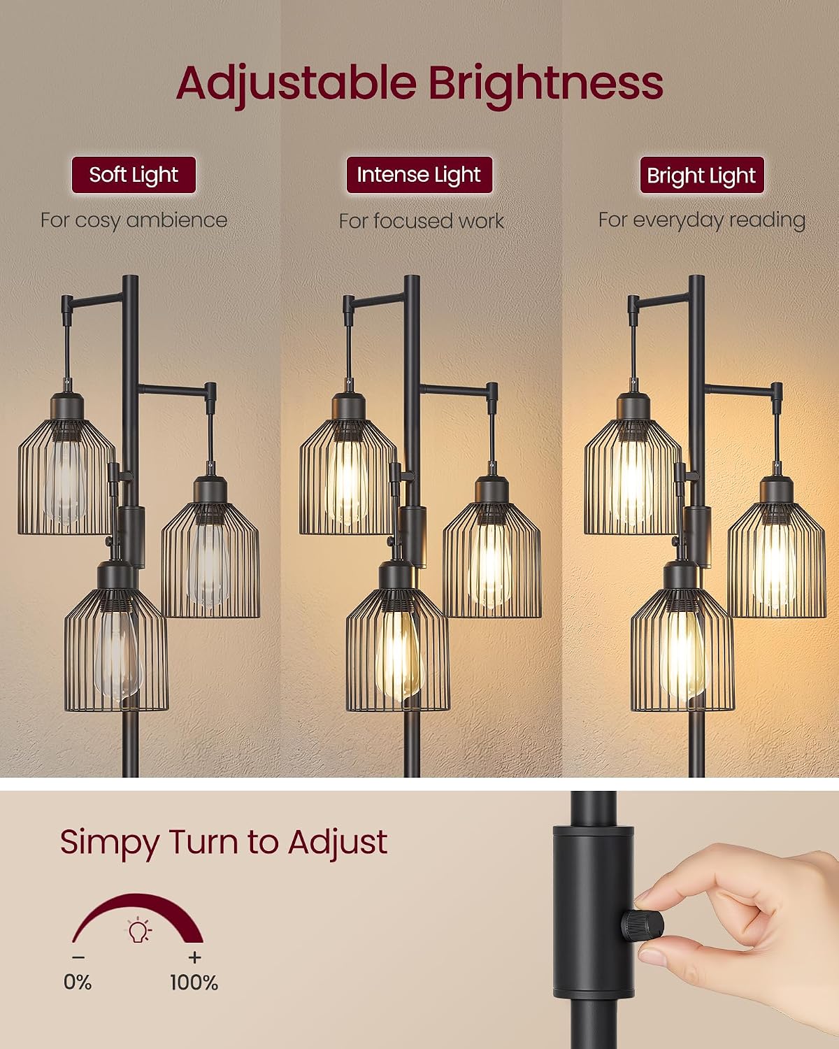Thumbnail 2 de VASAGLE 176cm Floor Lamp with 3 Bulbs and Adjustable Brightness (Ink Black) LFL013BD03