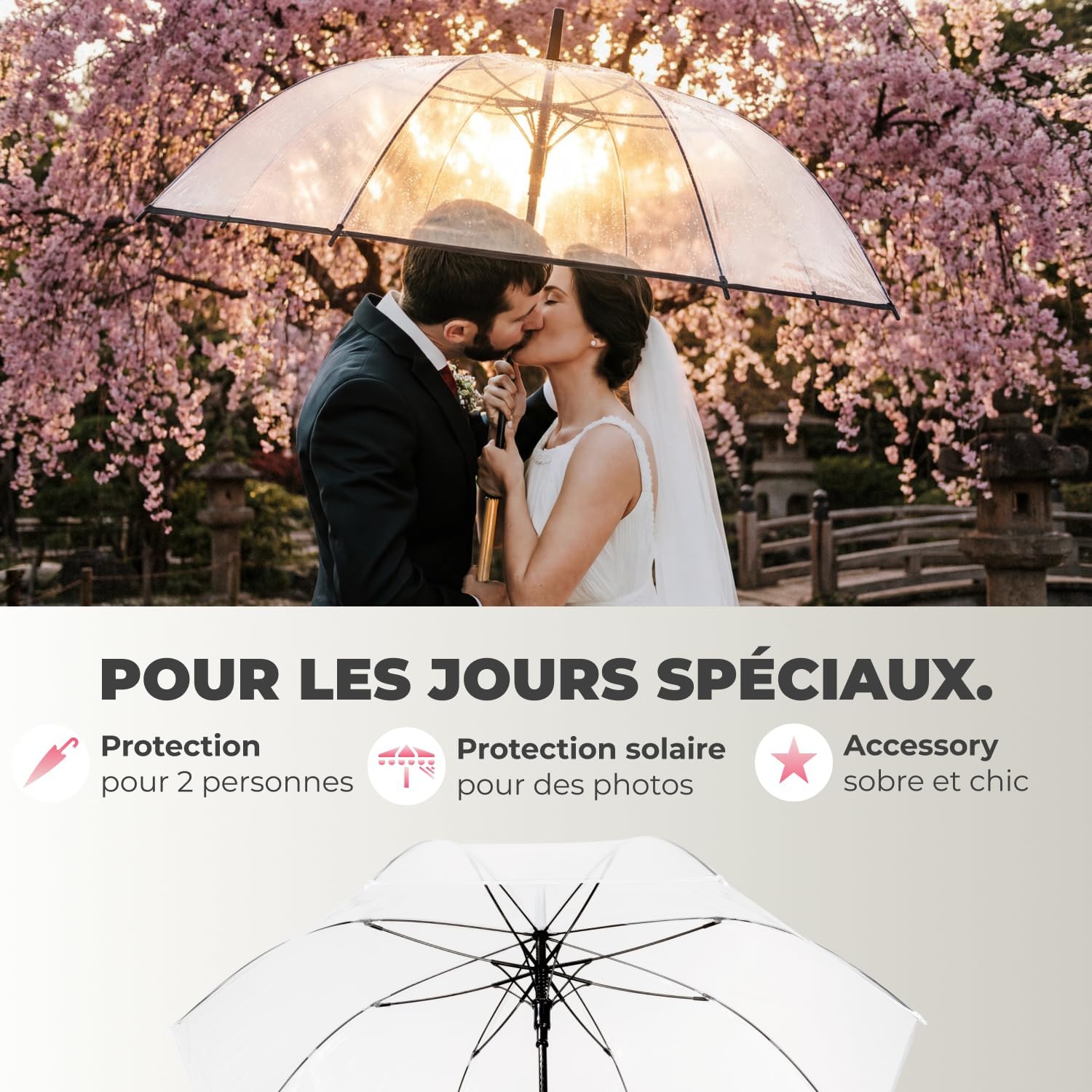 Thumbnail 1 de LOGAN & BARNES Parapluie de mariage transparent Cardiff Ø120 cm — XXL, bois véritable, 16 baleines renforcées