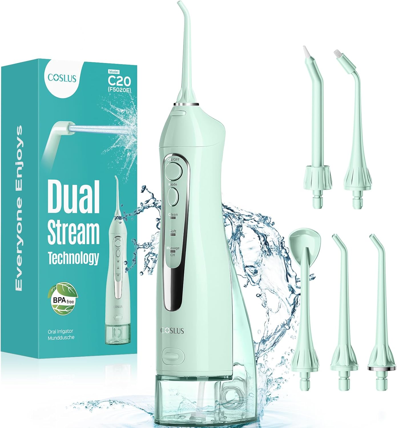 COSLUS C20 Portable Cordless Water Flosser (300ML) — IPX7 Rechargeable Dental Irrigator, Green