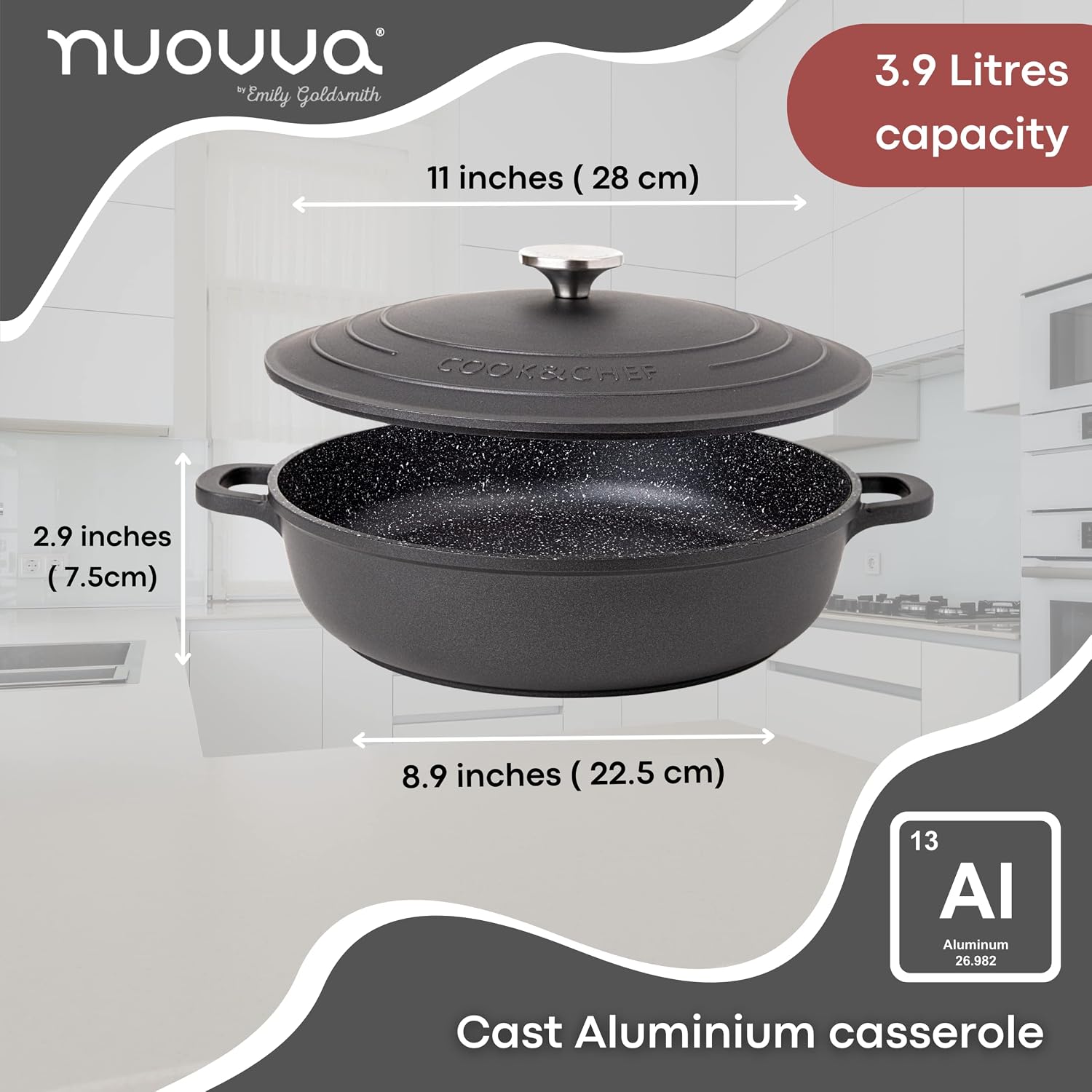 Detalle de Non-Stick Aluminium Pot with Lid – Sturdy Shallow Dutch Oven (3.9L, 28cm) by Nuovva
