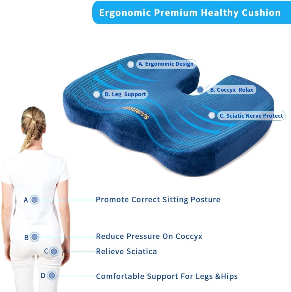 Detalle 2 de SAIREIDER SC-N0402 SRD Seat Cushion, Navy Blue Memory Foam Coccyx Pad