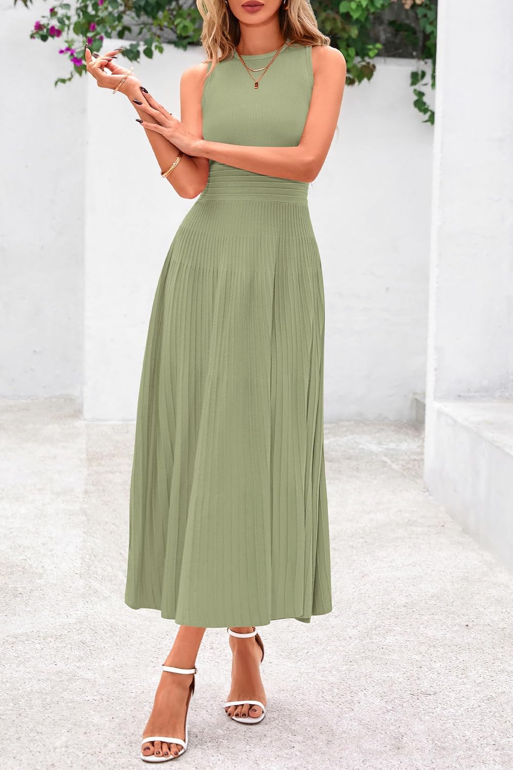 Detalle 2 de PRETTYGARDEN PR930 Women's Pleated Knit Midi Dress, Sleeveless A-Line