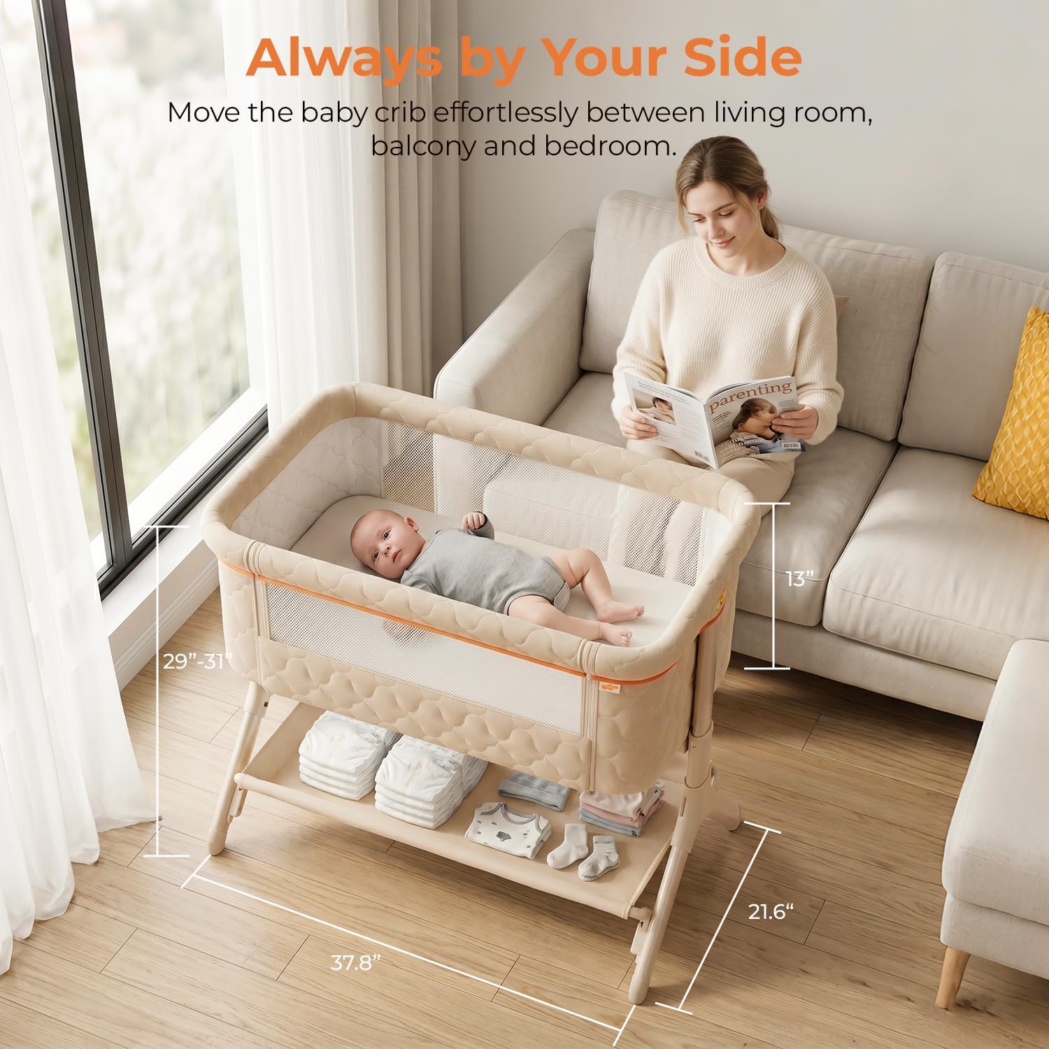 Detalle 2 de Pamo babe Y7062A Bedside Bassinet, Beige, Foldable with Wheels and Adjustable Height
