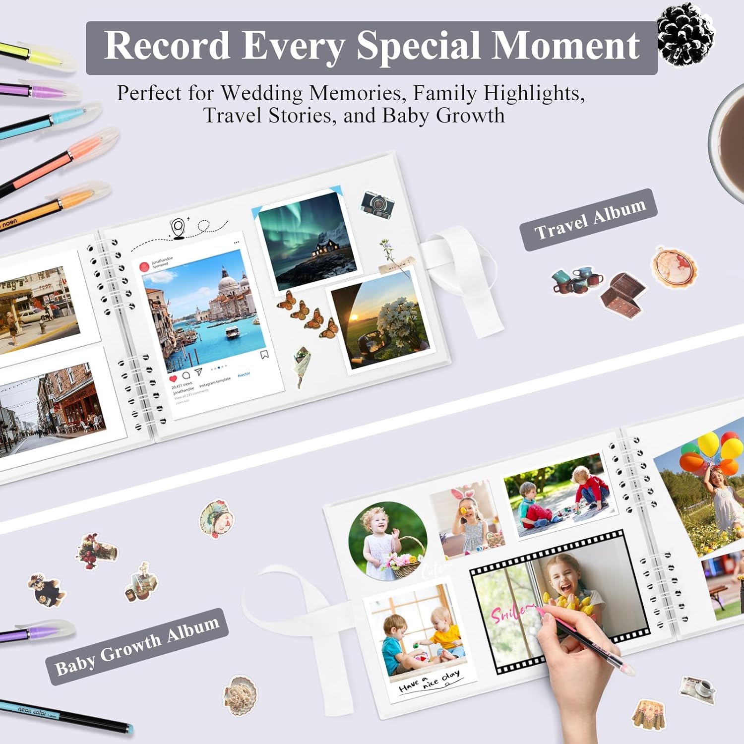 Thumbnail 5 de DazSpirit DIY Scrapbook Photo Album with Ribbon (80 Pages/40 Sheets) + 12 Markers & Stickers, White