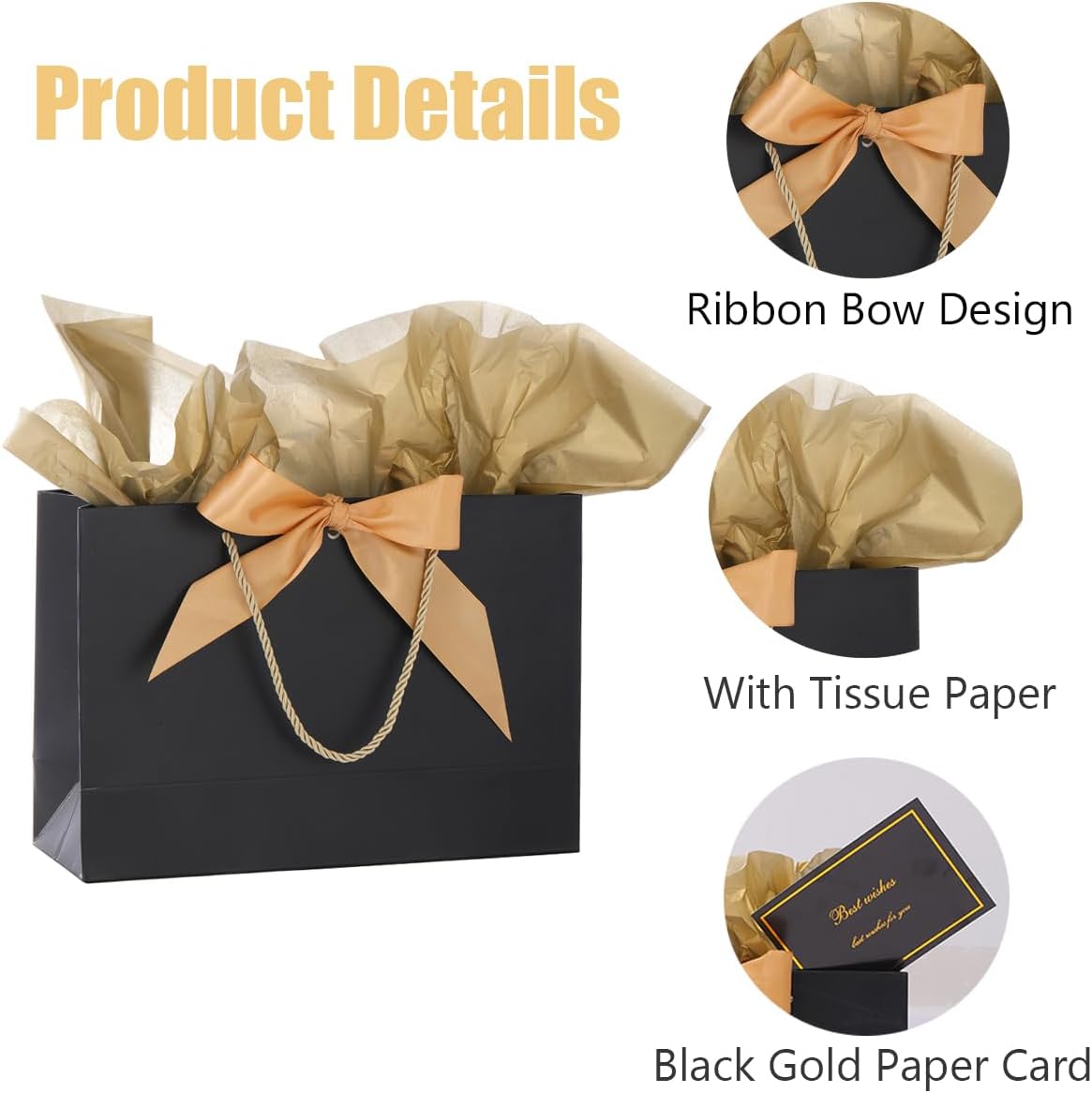 Detalle de Medium Gift Bags with Tissue Paper and Gift Cards (3 Pack) – Black