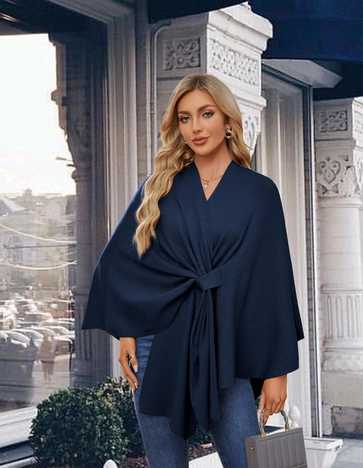 Detalle de PULI Women’s Elegant Shawl Wrap Soft Open Front Poncho Sweater (Open-Front Shawl Wrap)
