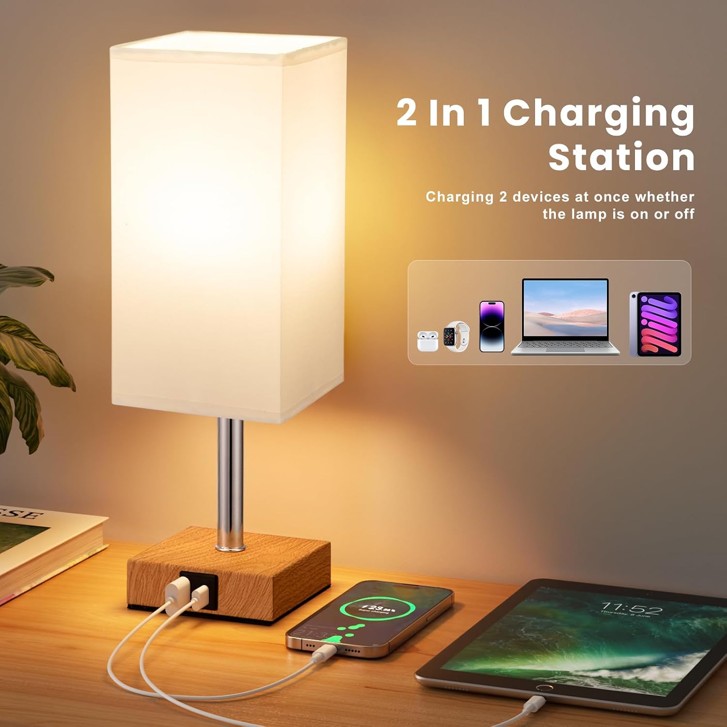 Detalle 2 de Aooshine White Bedside Lamp with Square Fabric Shade and USB Ports