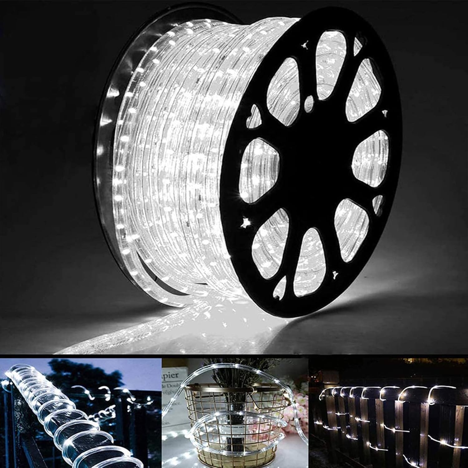 50ft 360 LED Rope Lights Outdoor (White) — Connectable, Flexible, Waterproof Tube Lighting with 8 Modes